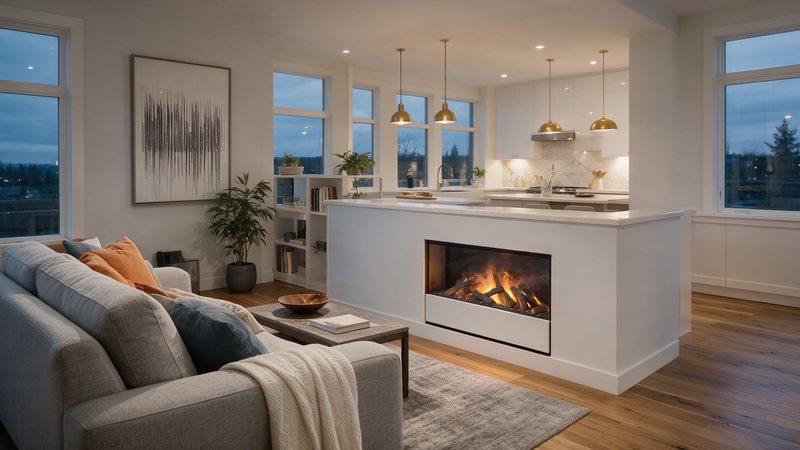 Concept render, not a photograph: a three-sided glass water-vapour fireplace with a log set built into the face of a white knee wall between a living room and a kitchen with brass pendants.