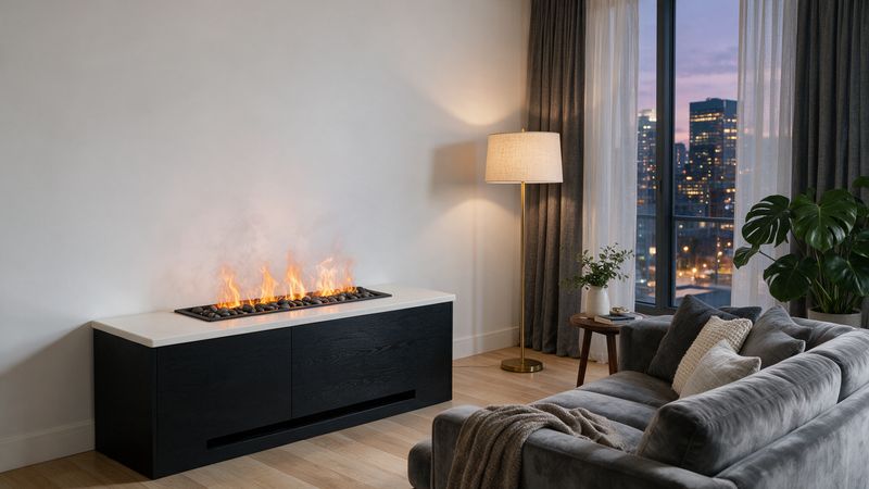 Concept render, not a photograph: a low black console with a white top and a 20-inch water-vapour fire tray set flush into it, in a condo living room at dusk.