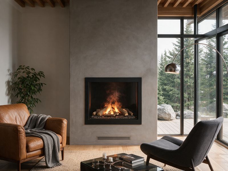 Concept render, not a photograph: a tall glass-fronted water-vapour firebox with a log set built flush into a smooth grey plaster wall, a grille slot near the floor, daylight from a side window.
