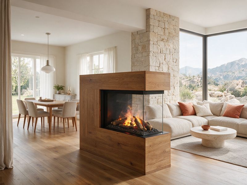 Concept render, not a photograph: a taller oak-panelled room divider with a three-sided glass bay water-vapour firebox at its end between a dining table and a sofa.