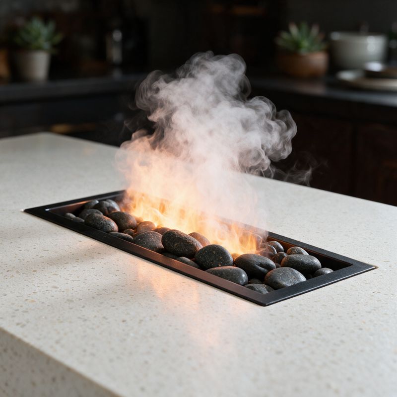 Concept render, not a photograph: close-up of a black-rimmed water-vapour fire tray with dark river rock set flush into a pale quartz top, soft translucent flames and mist rising from it.
