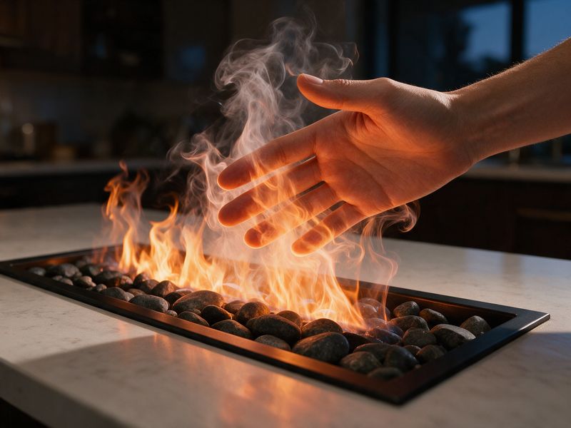 Concept render: an open hand passing palm-down through the low orange mist flames above the river-rock tray; the vapour flame is cool to the touch.