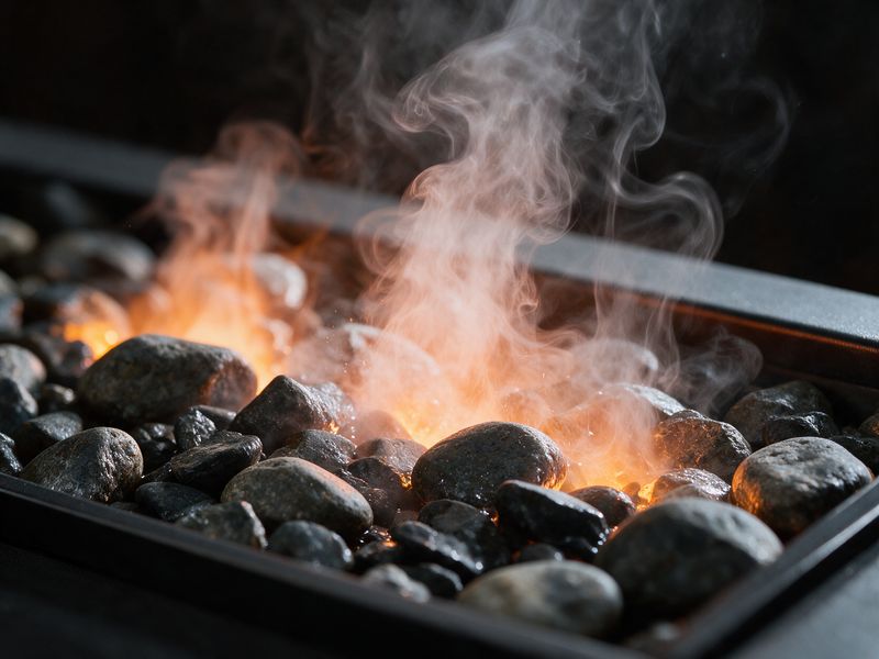 Concept render, close-up: fine white mist rising between dark river rock in the fire tray, lit orange from below so the vapour reads as flames just forming.