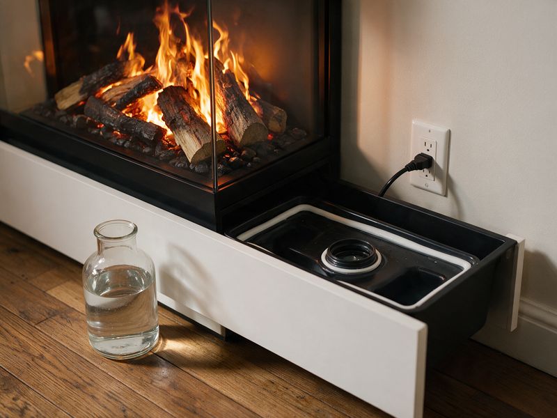 Concept render: the white water drawer below the fire's glass front pulled open to show the refill reservoir, with a jug of filtered water beside it and one cord at a wall outlet.