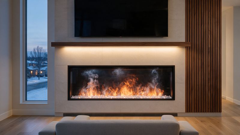 Concept render, not a photograph: a linear water-vapour fireplace with a black bezel and clear media in a pale tiled wall with a walnut slat panel and a shelf, a television above.