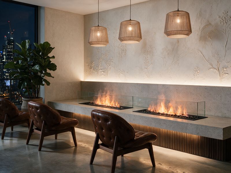 Concept render, not a photograph: a long low stone bench in a hotel lobby lounge with two water-vapour fire trays set flush into its top behind low glass guards, leather chairs and woven pendant lights.