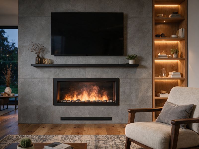 Concept render, not a photograph: a glass-fronted water-vapour firebox with river rock inside, set into a grey stone-tiled wall with a black shelf and a television above.
