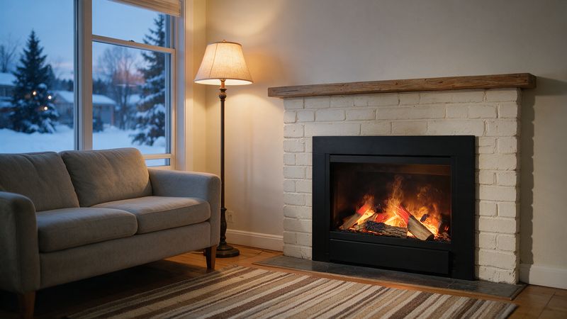 Concept render, not a photograph: the black water-vapour insert with a log set and slim trim frame in a white-painted brick fireplace with a wood mantel, a grey sofa and a floor lamp beside it, snow in the window.