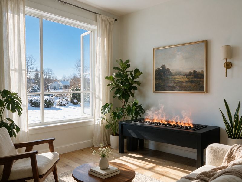 Concept render: a bright living room with tall houseplants and a window opened a crack on a snowy morning, the mist-flame fire tray on a low black console.