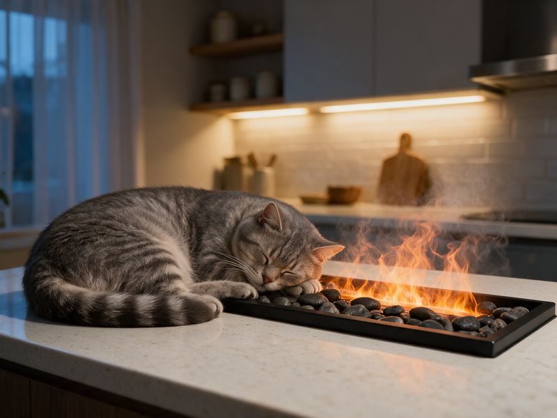 Concept render: a grey cat asleep on a pale quartz counter beside the low mist flame, its tail near the cool vapour.