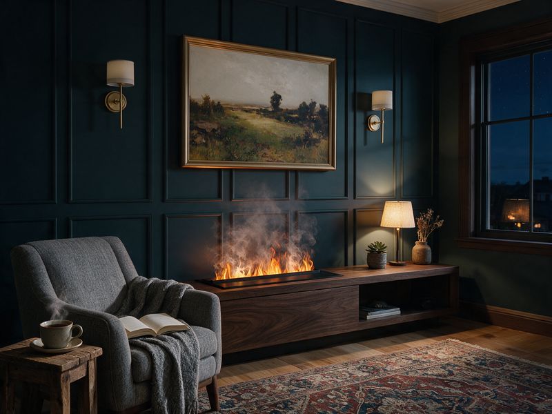 Concept render: a quiet living room late in the evening lit only by the fire's glow and one lamp, with a book and a cup of tea on a reading chair.