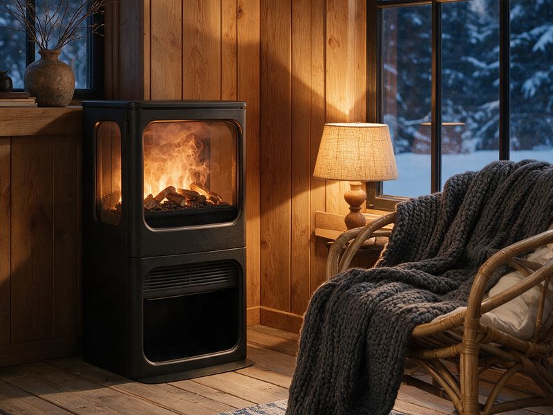 Concept render, not a photograph: a tall matte black water-vapour stove with a glass door and log set standing off a wood-clad cabin wall beside a lamp and a wicker chair, snow in the window.