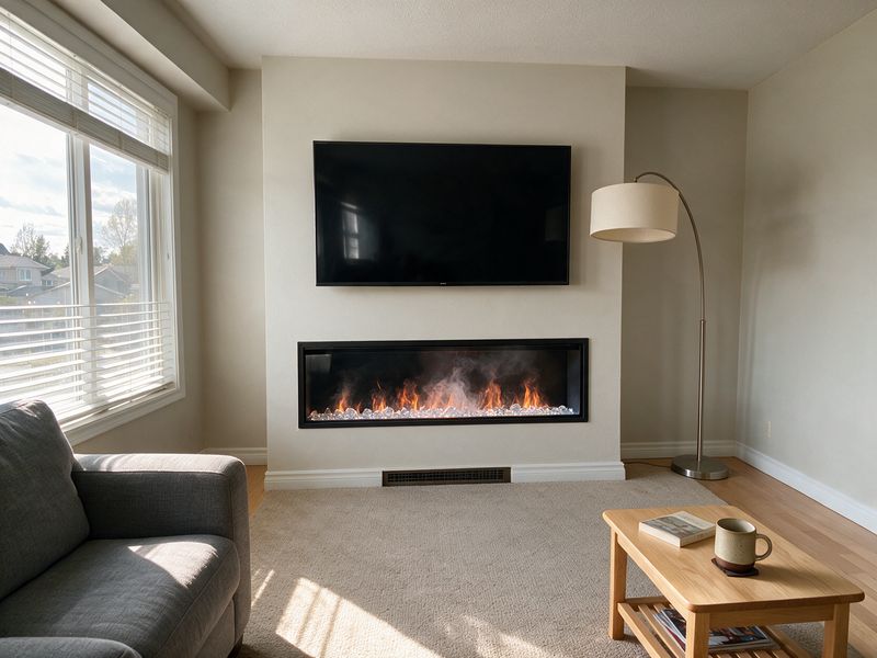 Concept render: the same living room with the television now on the wall and a linear water-vapour fireplace built into a new plaster section of wall below it, a grille slot near the floor; everything else in the room unchanged.