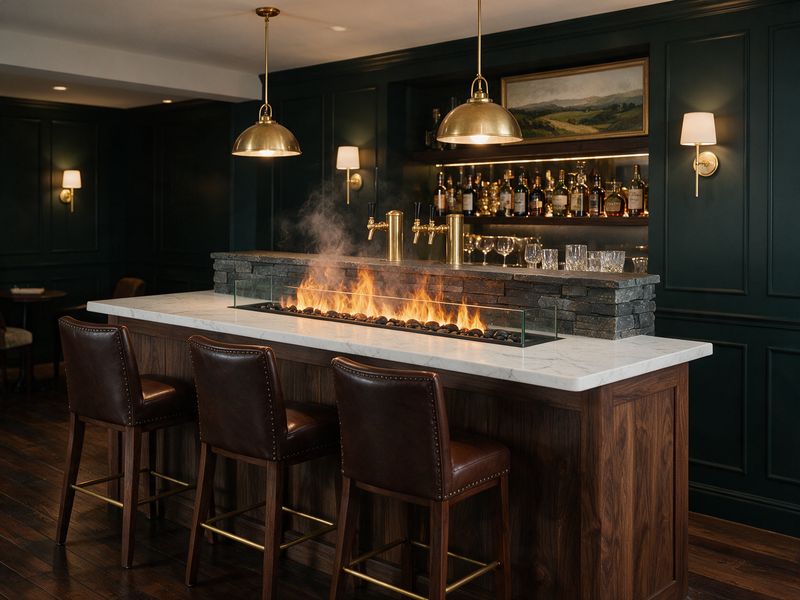 Concept render, not a photograph: a water-vapour flame set into a bar-height counter in a basement bar, with a low glass panel on the stool side.