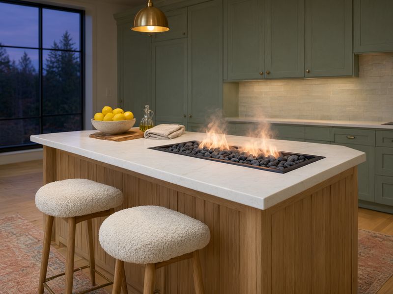 Concept render, not a photograph: a water-vapour flame in the end of a white quartz kitchen island, seen from the seating side.