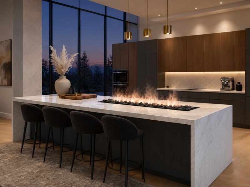 Concept render, not a photograph: a 40-inch run of water-vapour flame along the end of a long waterfall-edge kitchen island.