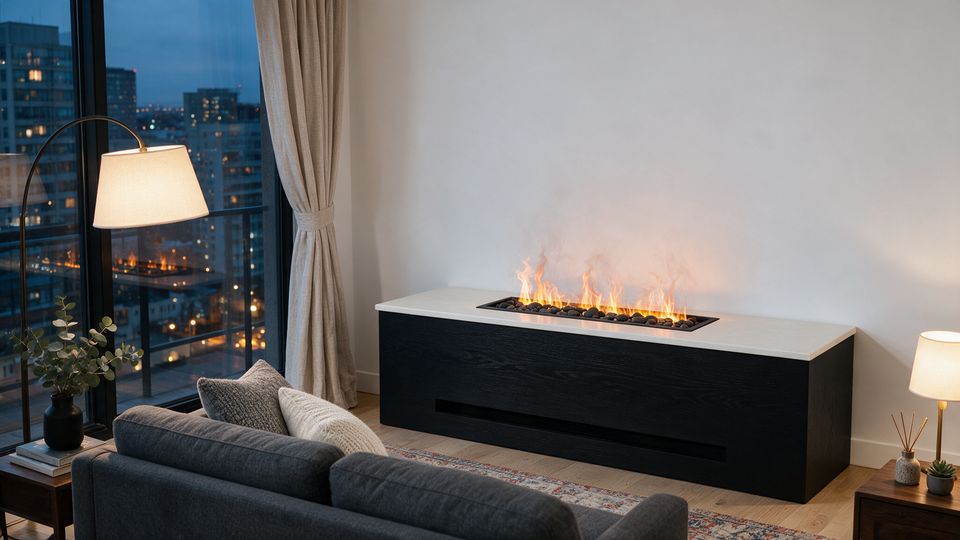 Concept render, not a photograph: a low black oak console with a pale porcelain top and a 20-inch water-vapour fire tray set flush into it, in a condo living room at dusk with city lights in the window.