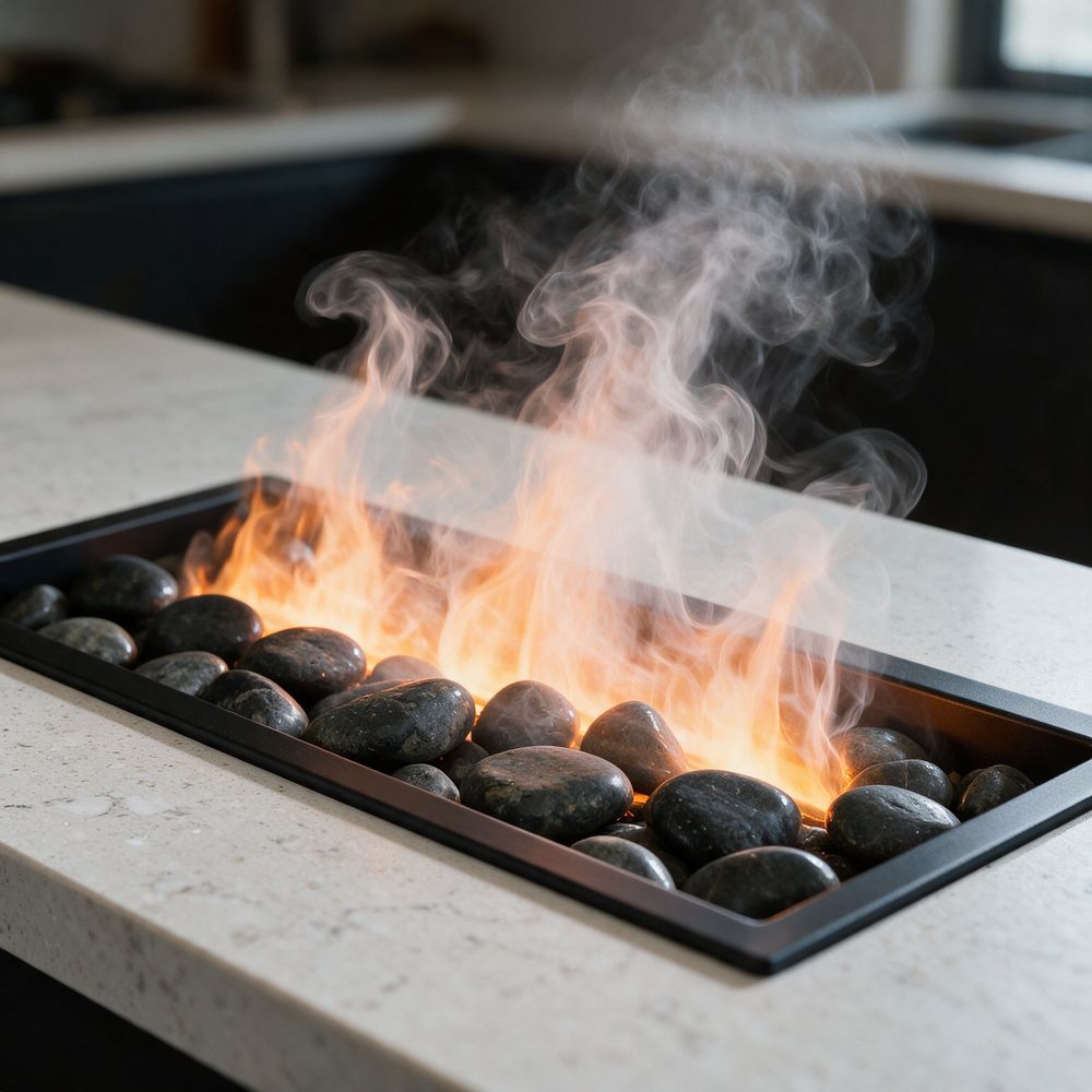 Concept render, not a photograph: soft, translucent water-vapour flames rising from a bed of dark river rock in a black-rimmed tray set flush into a pale quartz counter, mist dissolving above them.