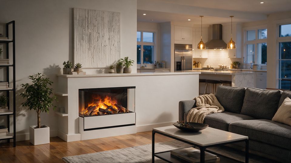 Concept render, not a photograph: a three-sided glass water-vapour fireplace with a log set built into the end of a white knee wall with a quartz cap between a kitchen and a living room, dusk light.
