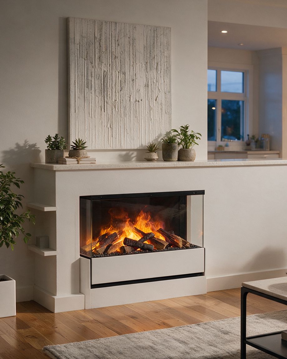 Concept render: a three-sided glass water-vapour fireplace with a log set built into the end of a white knee wall between a kitchen and a living room.