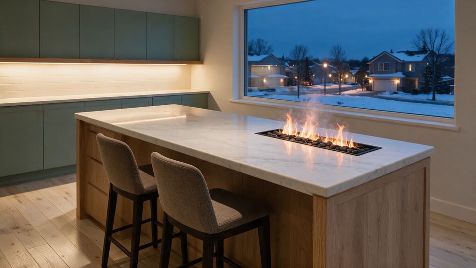 Concept render, not a photograph: a low, soft water-vapour flame rising from a bed of river rock set flush into the end of a pale quartz kitchen island at dusk, two counter stools facing it, sage-green cabinets and a snowy view behind.
