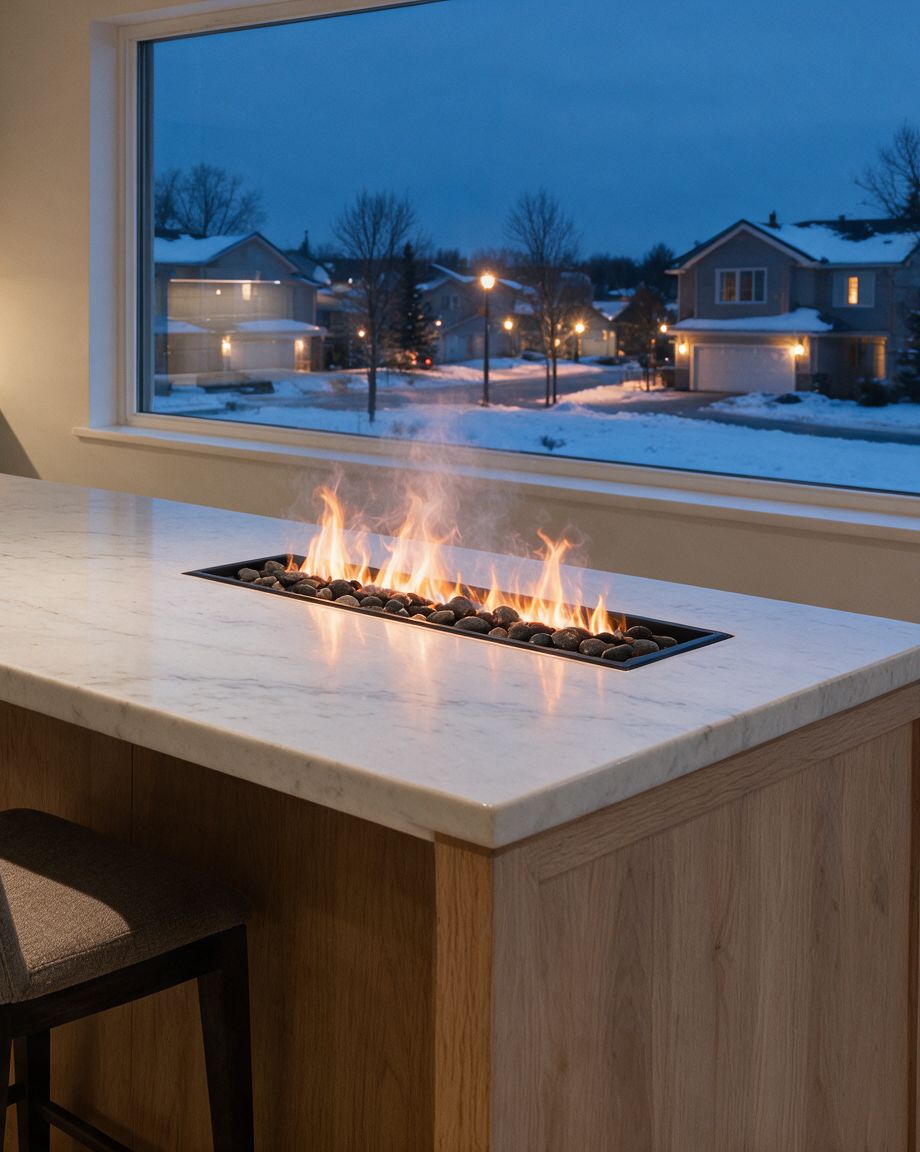 Concept render: a low water-vapour flame rising from river rock set into the end of a pale quartz kitchen island at dusk, two stools facing it.