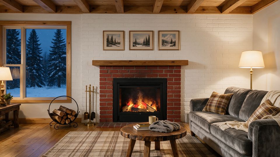 Concept render, not a photograph: a black 25-inch water-vapour insert with a log set and a slim black trim frame set into an old red-brick fireplace with a wood mantel, in a living room at dusk with a snowy window.