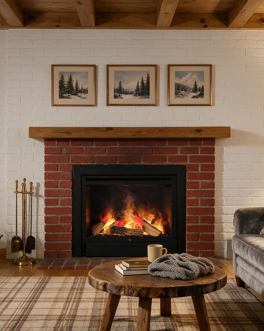 Concept render: a black 25-inch water-vapour insert with a log set and slim trim frame inside an old red-brick fireplace, a living room at dusk.
