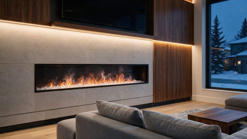 Concept render, not a photograph: a wide linear water-vapour fireplace with a black bezel and clear acrylic media set into a pale tiled media wall with walnut slats, a television mounted above a clear band of wall, a grille slot near the floor.