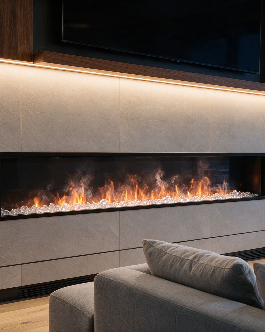 Concept render: a wide linear water-vapour fireplace set into a pale tiled media wall, a television mounted high above a clear band of wall.