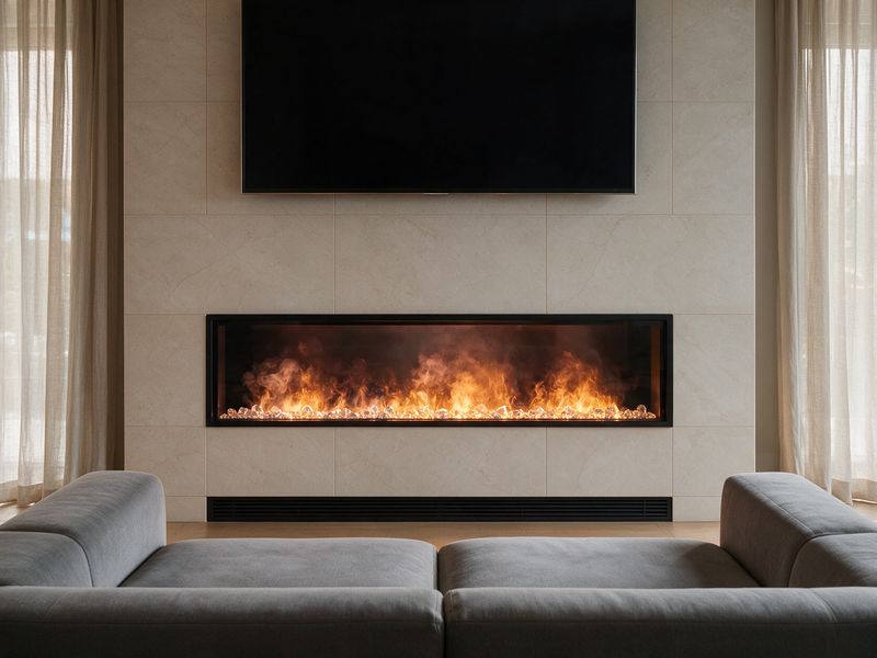 Concept render: a media wall with the linear fire low, a tall band of clear empty wall, and the television mounted high with open air between flame and screen.