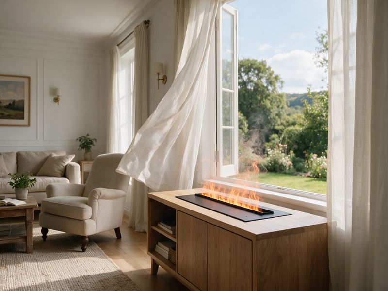 Concept render: the low mist flame leaning and flattening sideways as a sheer curtain billows from an open window nearby.
