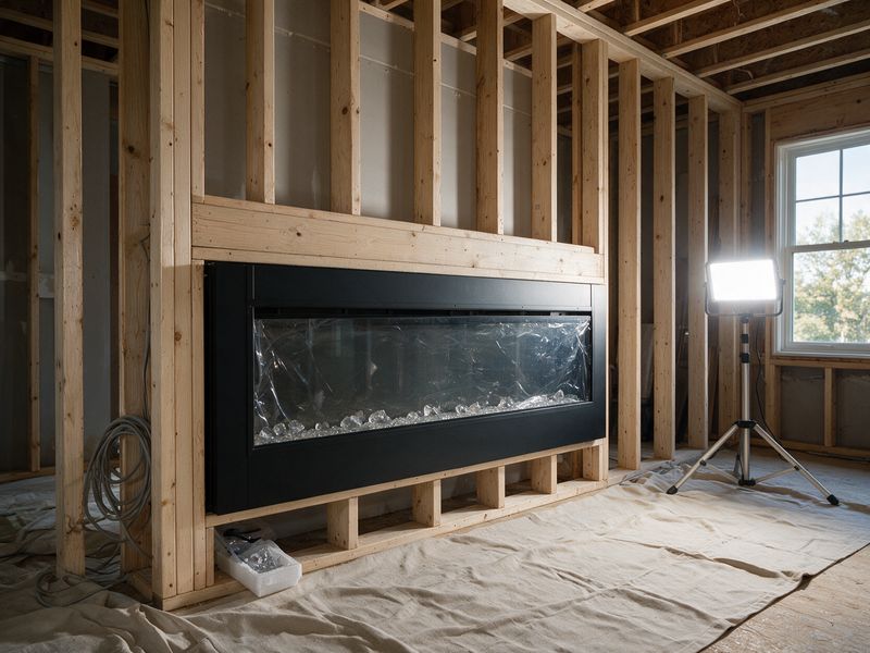 Concept render: a media wall mid-construction, the black firebox sitting in clean stud framing before drywall, a coiled cable and a work light nearby.