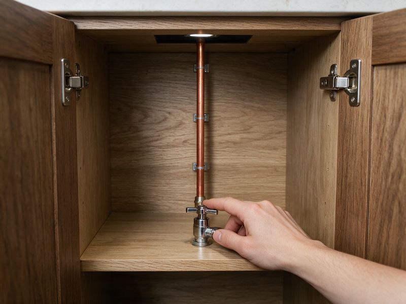Concept render: inside a base cabinet, a slim water line with a small chrome shutoff valve in easy reach, running toward the fire unit above.