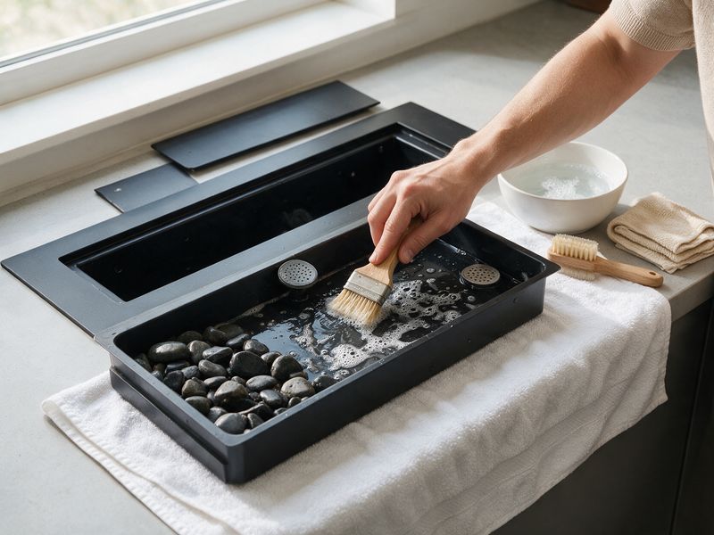 Concept render: a service deep clean, the fire's river-rock top plate and reservoir removed onto a white towel, a hand washing the tray with a soft brush.