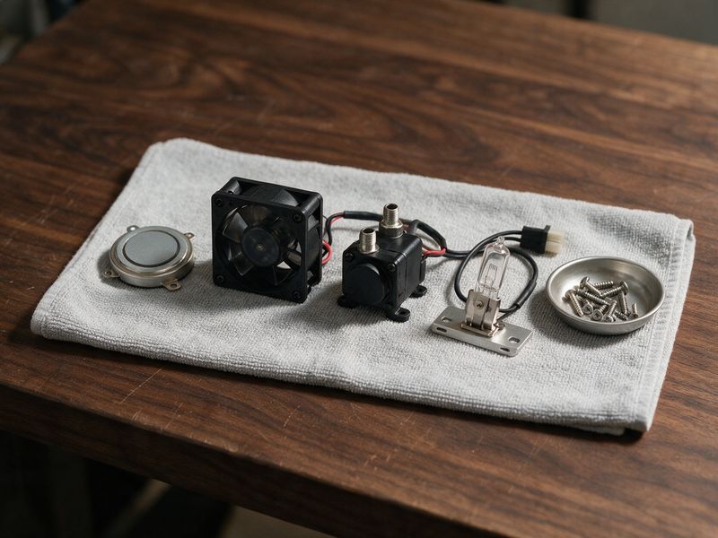 Concept render, flat lay on a dark workbench: a round metal mist transducer disc, a compact fan, a small pump, a lamp module and a dish of screws, arranged neatly.